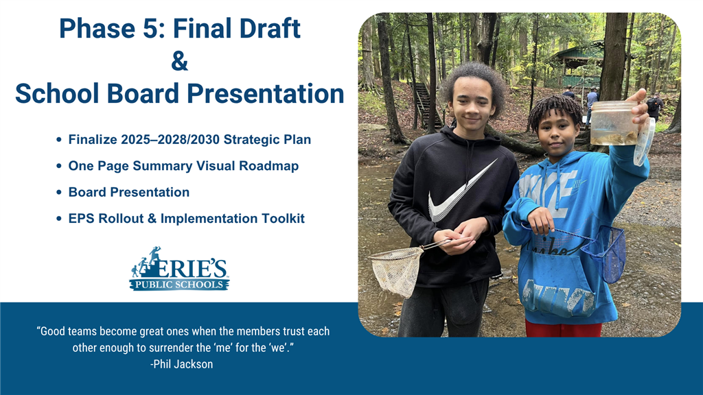 Photo with the words Phase 5: Final Draft and School Board Presentation and photo of two boys in wooded area, one holding a 